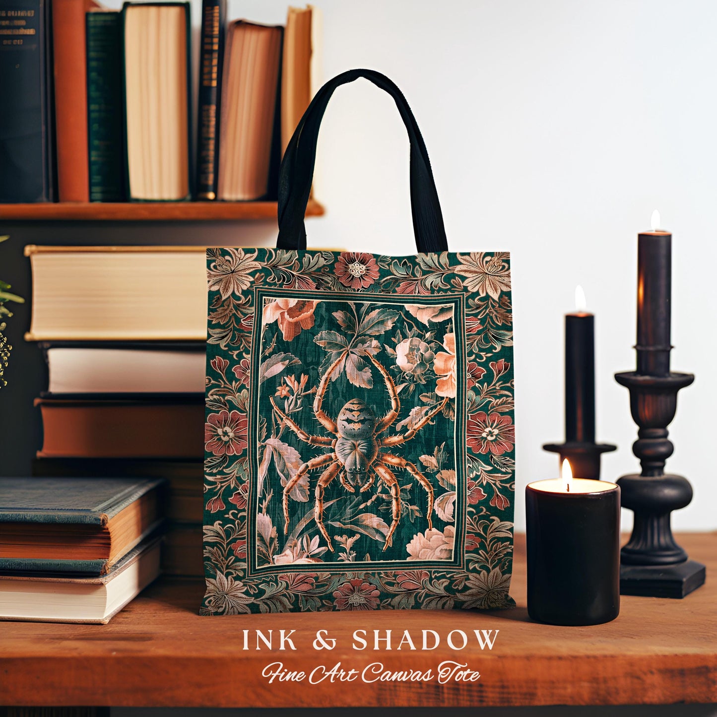 Antiqued Rose Spider Bag Enchanted Gothic Floral Forestcore Tapestry Tote | Victorian Dark Academia Arachnid Vintage Baroque Art Dark Floral