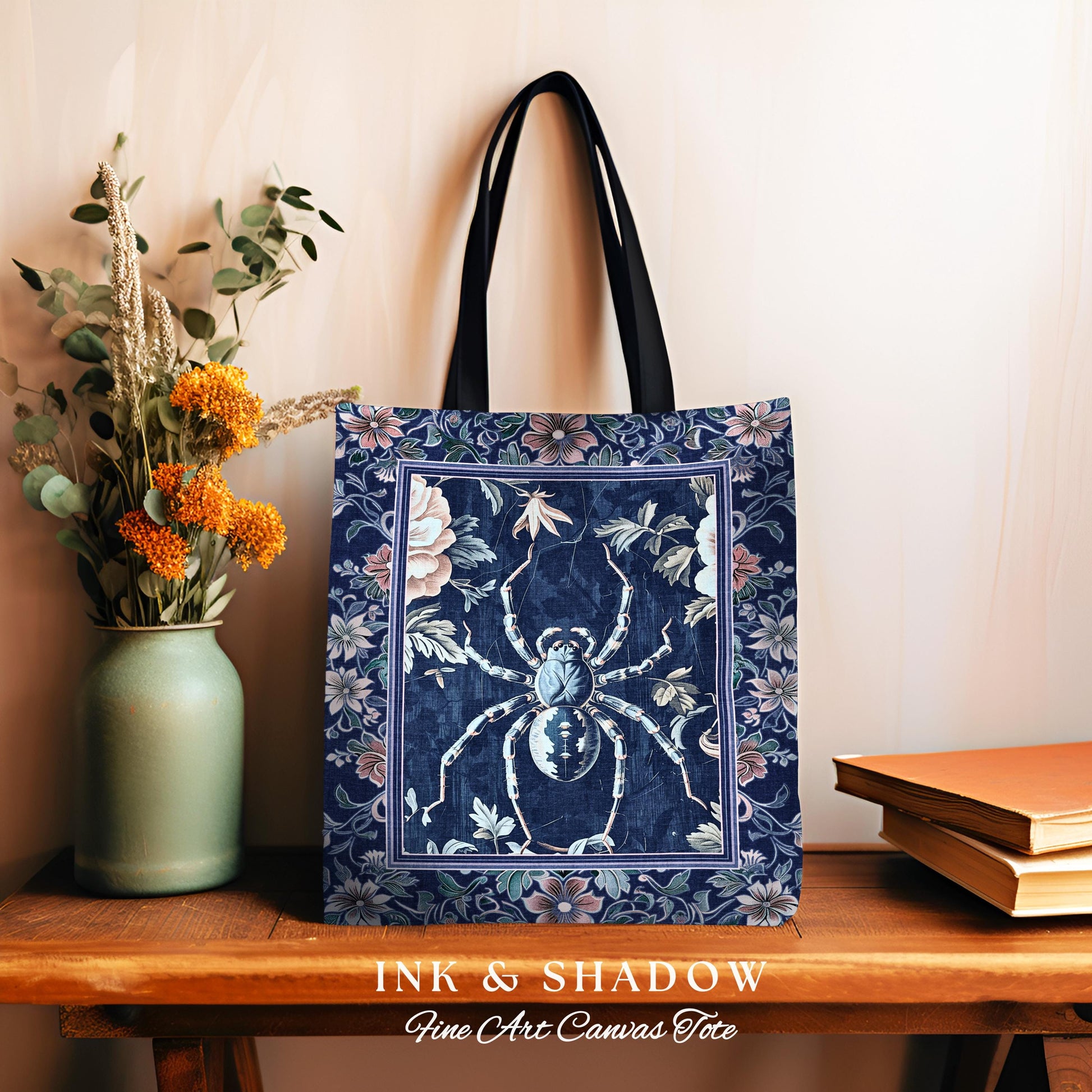 French Baroque Antique Blue Botanical Spider Tote Bag Gothic Victorian Cottagecore | Whimsical Vintage Enchanted Nature Flora Tapestry Bag |