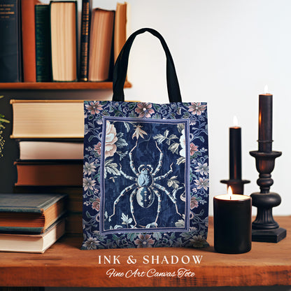 French Baroque Antique Blue Botanical Spider Tote Bag Gothic Victorian Cottagecore | Whimsical Vintage Enchanted Nature Flora Tapestry Bag |