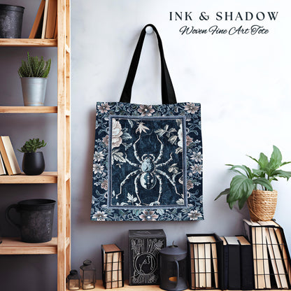 French Baroque Antique Blue Botanical Spider Tote Bag Gothic Victorian Cottagecore | Whimsical Vintage Enchanted Nature Flora Tapestry Bag |