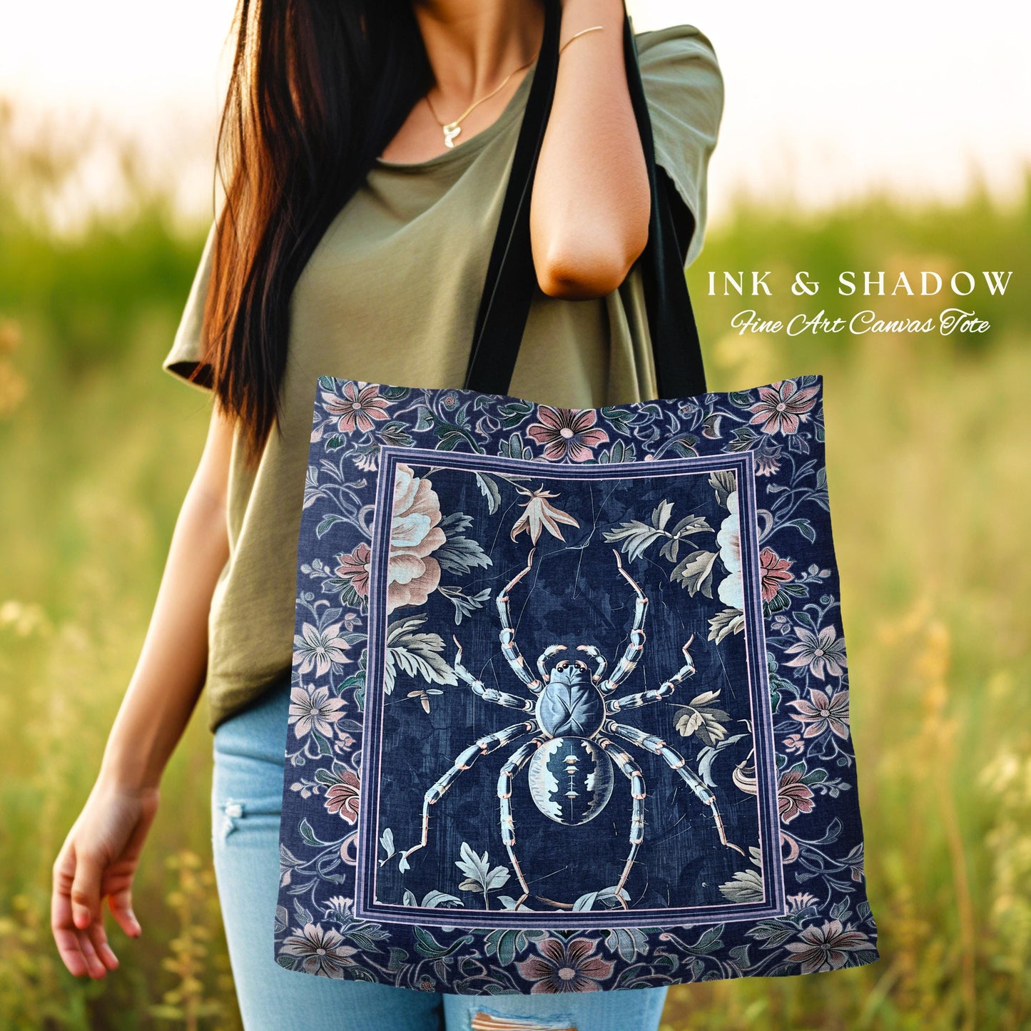 French Baroque Antique Blue Botanical Spider Tote Bag Gothic Victorian Cottagecore | Whimsical Vintage Enchanted Nature Flora Tapestry Bag |