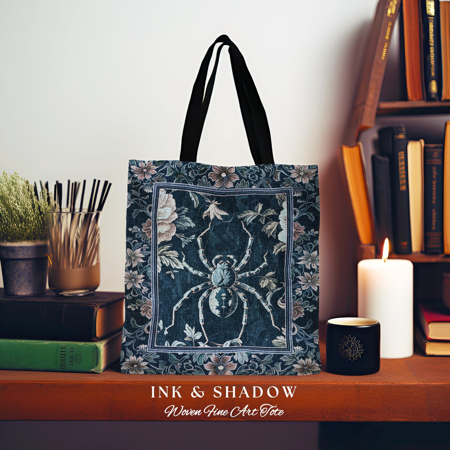 French Baroque Antique Blue Botanical Spider Tote Bag Gothic Victorian Cottagecore | Whimsical Vintage Enchanted Nature Flora Tapestry Bag |