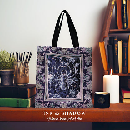 Whimsigothic Purple Spider Tote Bag | Pastel Gothic Victorian Cottagecore Home Decor Witchy Whimsical Enchanted Nature Amethyst Accessory |