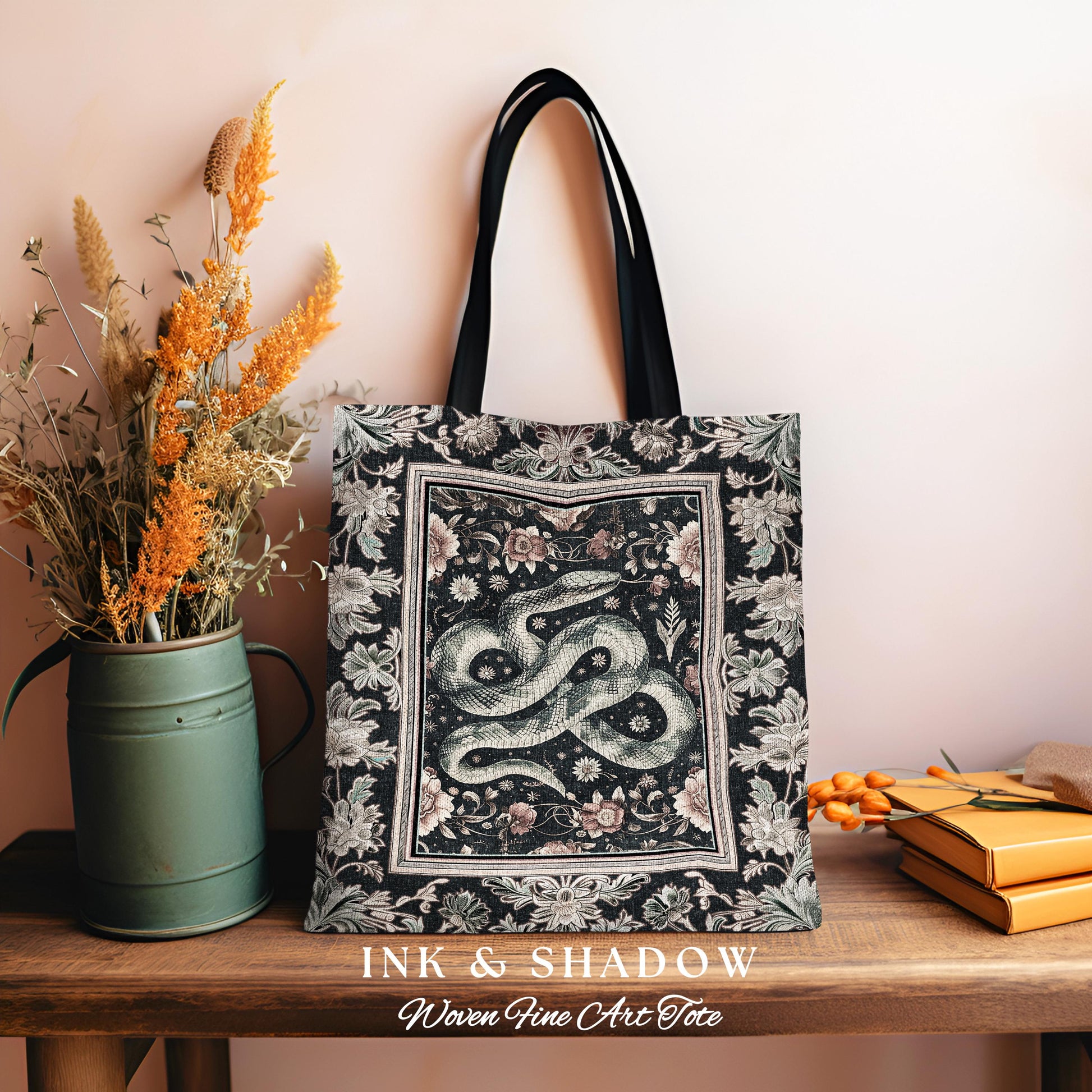 Victorian Gothic Dark Floral Snake Tapestry Tote Enchanted Forest Art Nouveau Cottagecore, Whimsigoth Whimsical Botanical Serpent Woven Bag