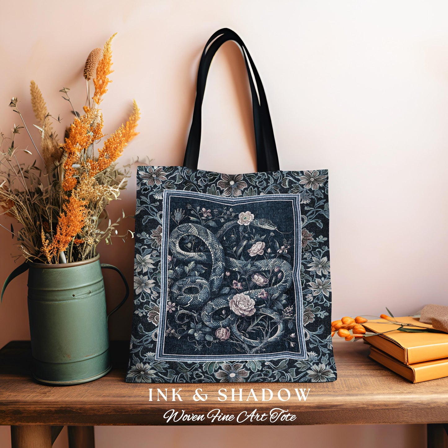 Midnight Blue Dark Floral Serpent Tote Whimsical Vintage Botanical Snake Tapestry Bag, Victorian Gothic Mystic Macabre Enchanted Forestcore