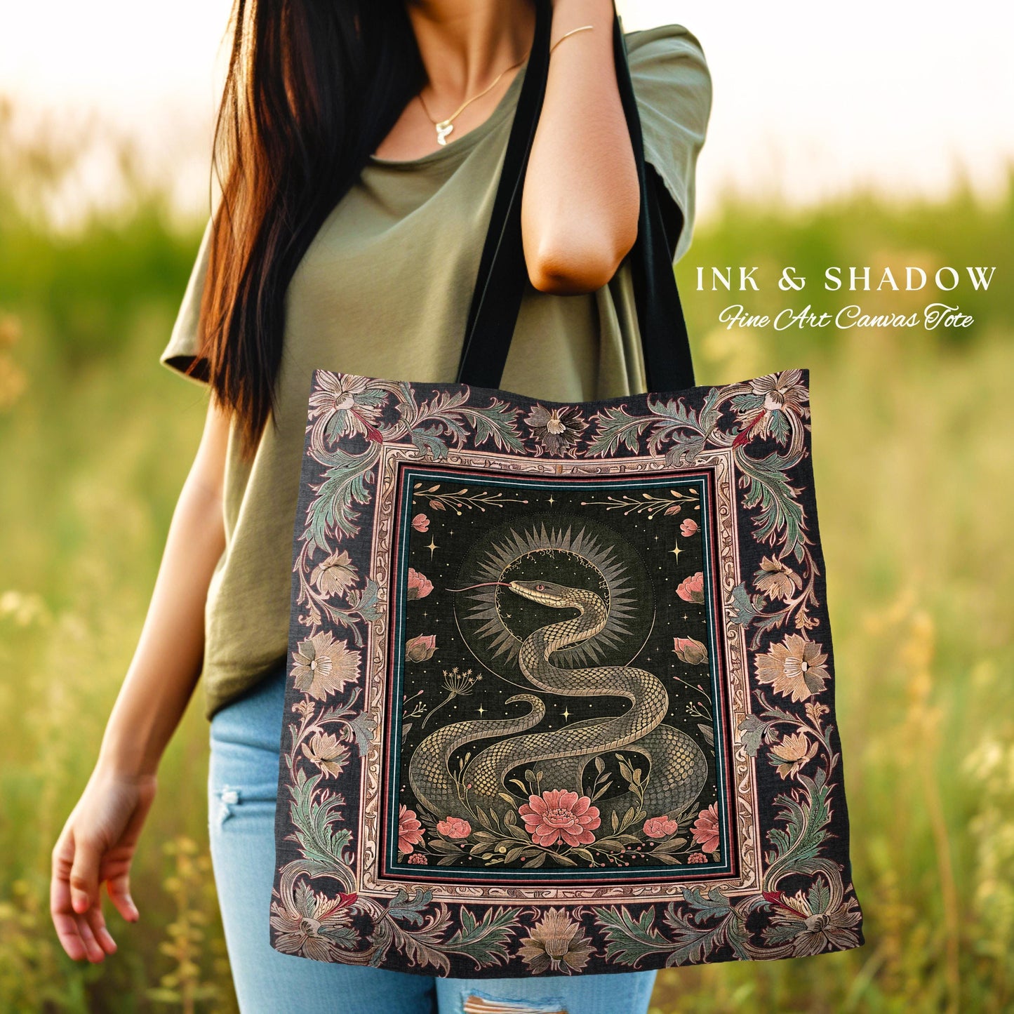 Victorian Rose Serpent Tapestry Bag Romantic Cottagecore Floral Tote, Enchanted Baroque Snake Dark Academia Gothic Pink Fairycore Goblincore