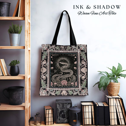 Victorian Rose Serpent Tapestry Bag Romantic Cottagecore Floral Tote, Enchanted Baroque Snake Dark Academia Gothic Pink Fairycore Goblincore