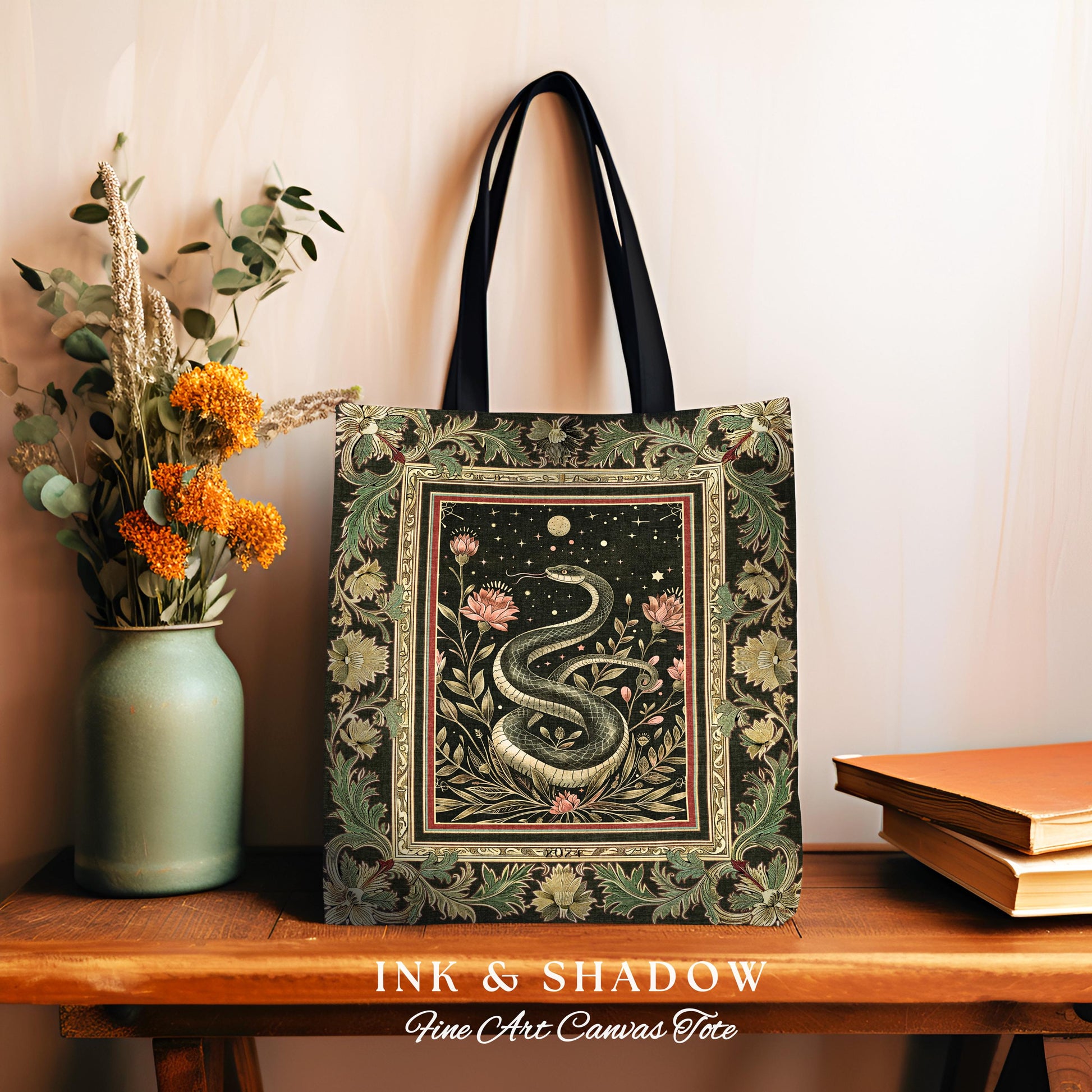 Celestial Serpent Woven Tapestry Tote Enchanted Floral Gothic Bag, Mystical Moonlit Medieval Snake Art Dark Academia Vintage Baroque Accent