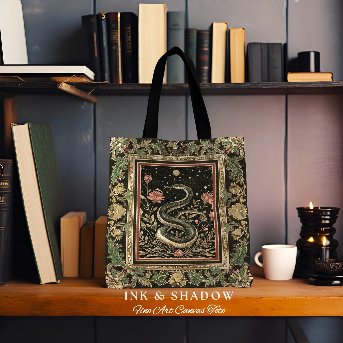 Celestial Serpent Woven Tapestry Tote Enchanted Floral Gothic Bag, Mystical Moonlit Medieval Snake Art Dark Academia Vintage Baroque Accent