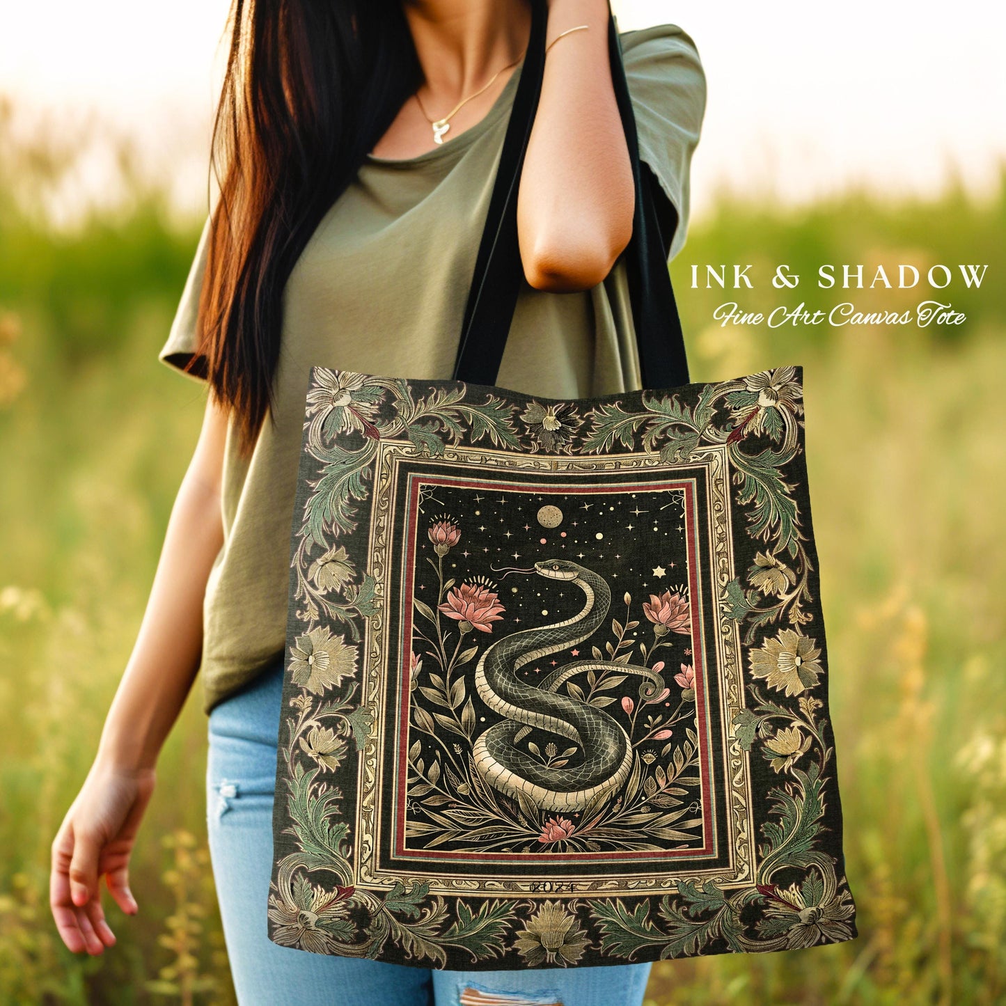 Celestial Serpent Woven Tapestry Tote Enchanted Floral Gothic Bag, Mystical Moonlit Medieval Snake Art Dark Academia Vintage Baroque Accent