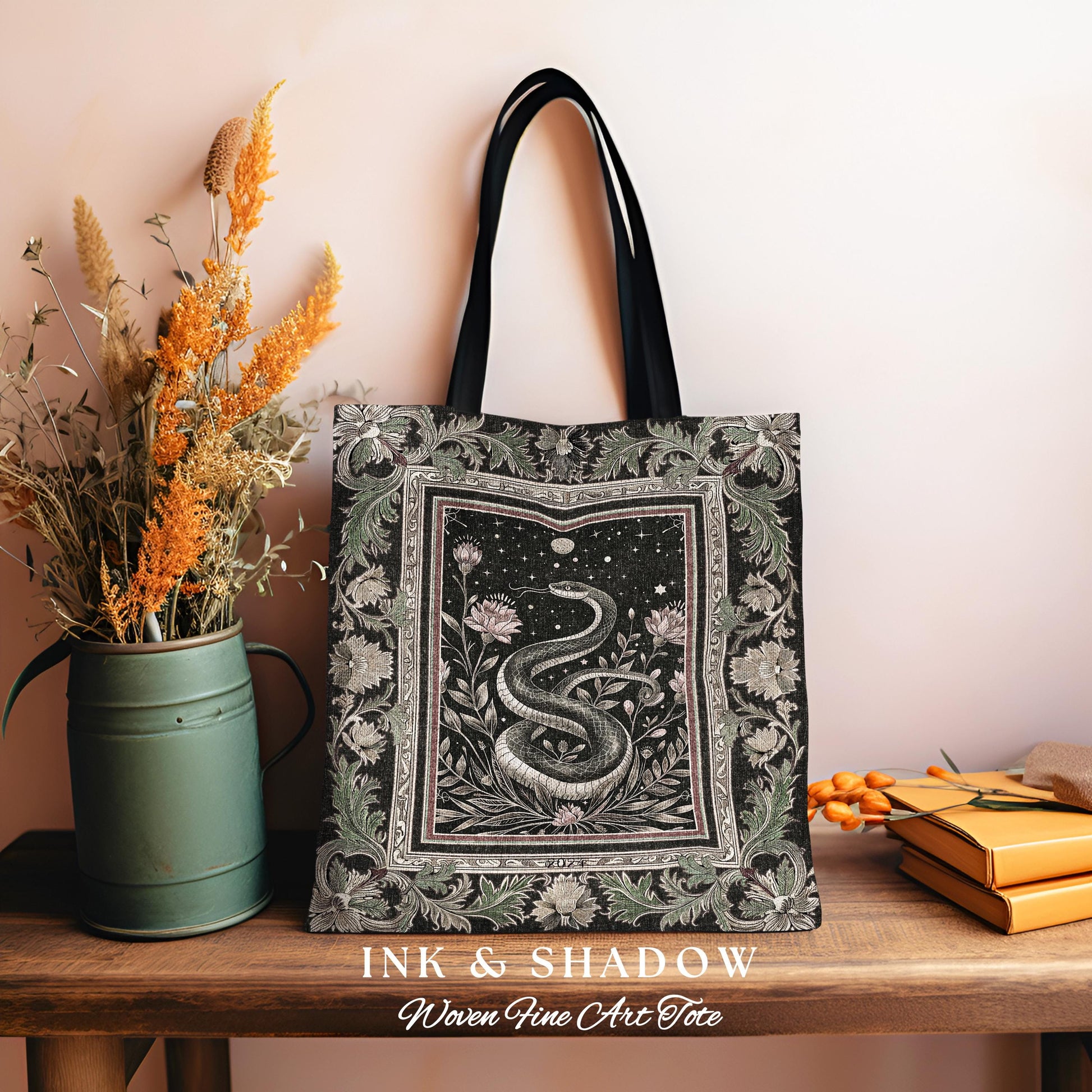 Celestial Serpent Woven Tapestry Tote Enchanted Floral Gothic Bag, Mystical Moonlit Medieval Snake Art Dark Academia Vintage Baroque Accent