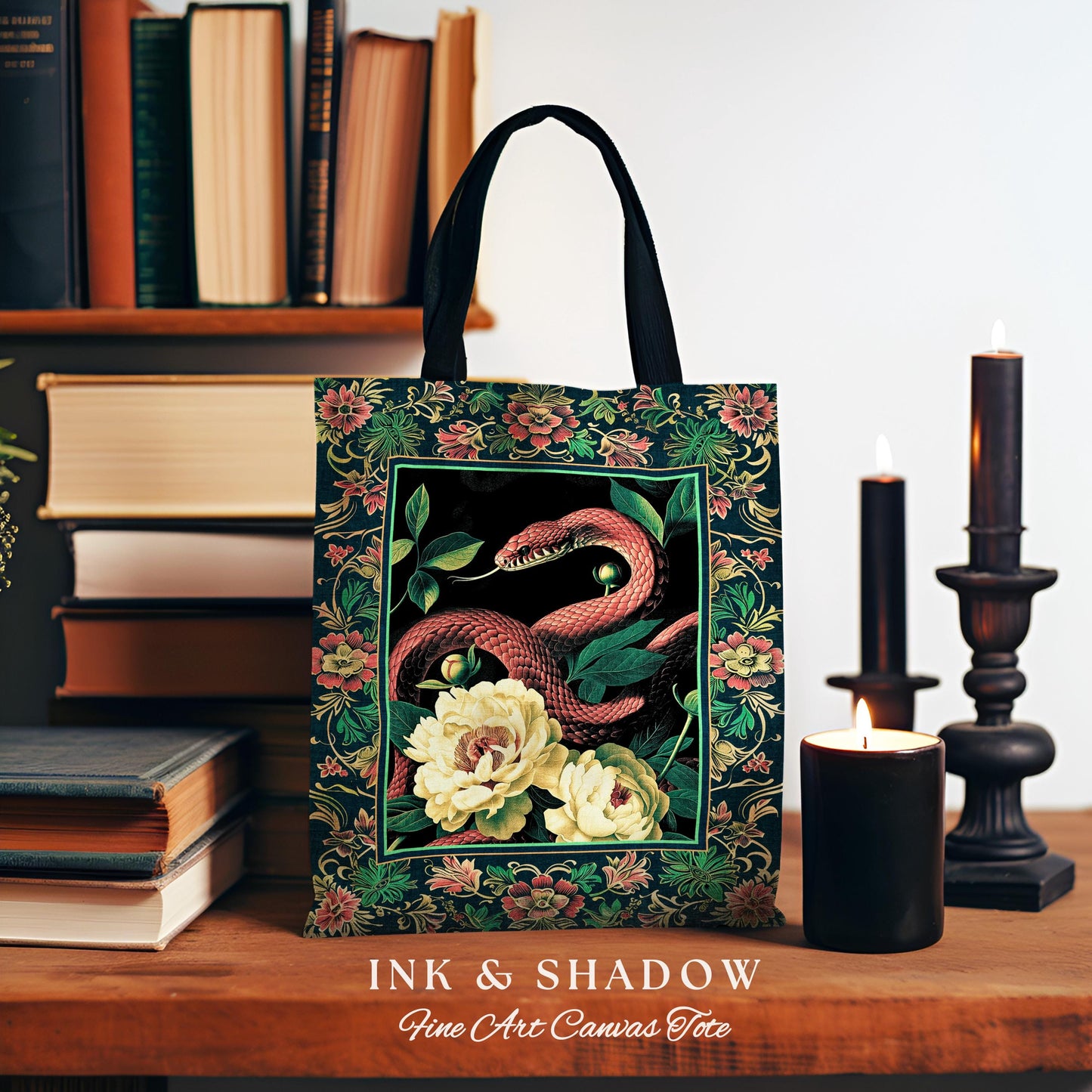 Botanical Forestcore Serpent Bag Gothic Woodland Floral Snake Tapestry Tote, Mystic Goblincore Cottagecore Enchanted Victorian Academia Art