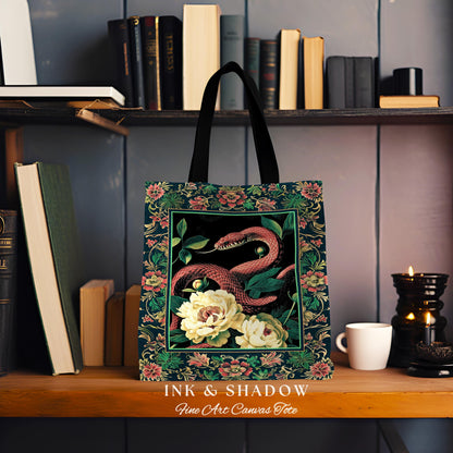 Botanical Forestcore Serpent Bag Gothic Woodland Floral Snake Tapestry Tote, Mystic Goblincore Cottagecore Enchanted Victorian Academia Art