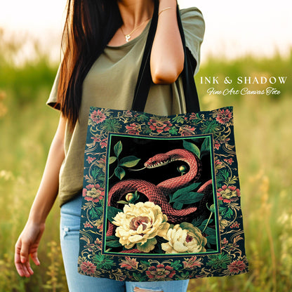 Botanical Forestcore Serpent Bag Gothic Woodland Floral Snake Tapestry Tote, Mystic Goblincore Cottagecore Enchanted Victorian Academia Art