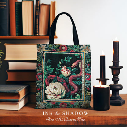 Enchanted Forest Snake Tote Dark Woodland Floral Gothic Tapestry Bag | Mystic Cottagecore Aesthetic Vintage Serpent Medieval Art Accessory