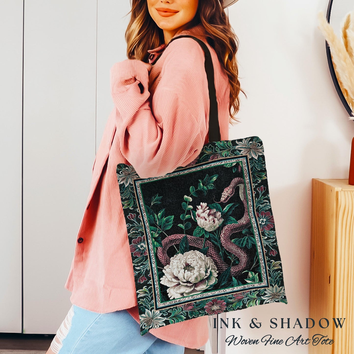 Enchanted Forest Snake Tote Dark Woodland Floral Gothic Tapestry Bag | Mystic Cottagecore Aesthetic Vintage Serpent Medieval Art Accessory