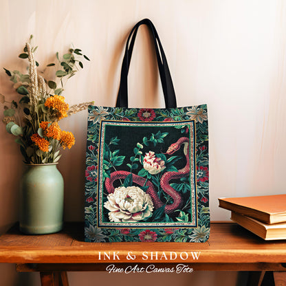 Enchanted Forest Snake Tote Dark Woodland Floral Gothic Tapestry Bag | Mystic Cottagecore Aesthetic Vintage Serpent Medieval Art Accessory