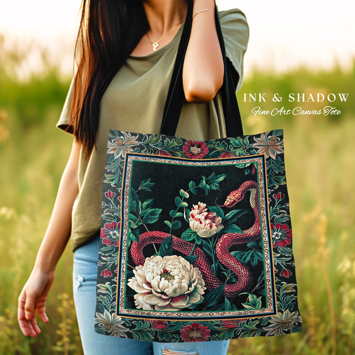 Enchanted Forest Snake Tote Dark Woodland Floral Gothic Tapestry Bag | Mystic Cottagecore Aesthetic Vintage Serpent Medieval Art Accessory