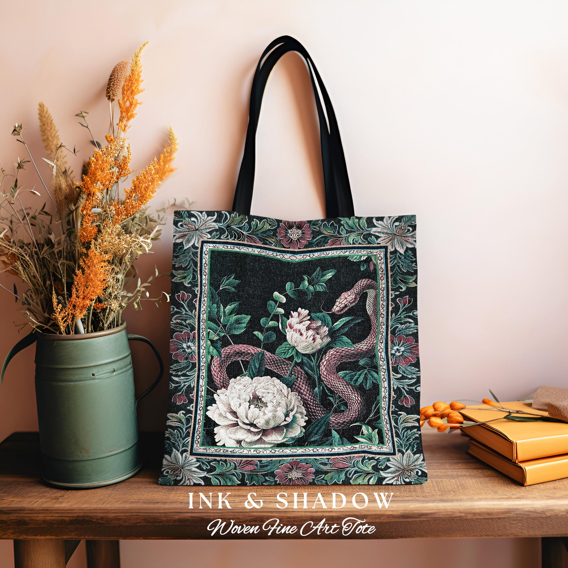 Enchanted Forest Snake Tote Dark Woodland Floral Gothic Tapestry Bag | Mystic Cottagecore Aesthetic Vintage Serpent Medieval Art Accessory