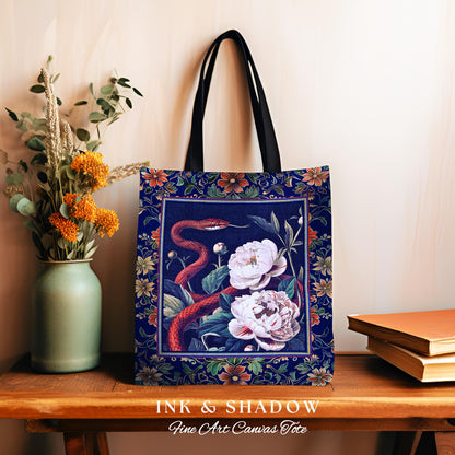 Moody Dark Botanical Serpent Enchanted Floral Tapestry Tote Exotic Gothic Bag | Ethereal Woodland Snake Victorian Art Nouveau Accessories