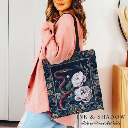 Moody Dark Botanical Serpent Enchanted Floral Tapestry Tote Exotic Gothic Bag | Ethereal Woodland Snake Victorian Art Nouveau Accessories