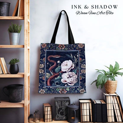 Moody Dark Botanical Serpent Enchanted Floral Tapestry Tote Exotic Gothic Bag | Ethereal Woodland Snake Victorian Art Nouveau Accessories