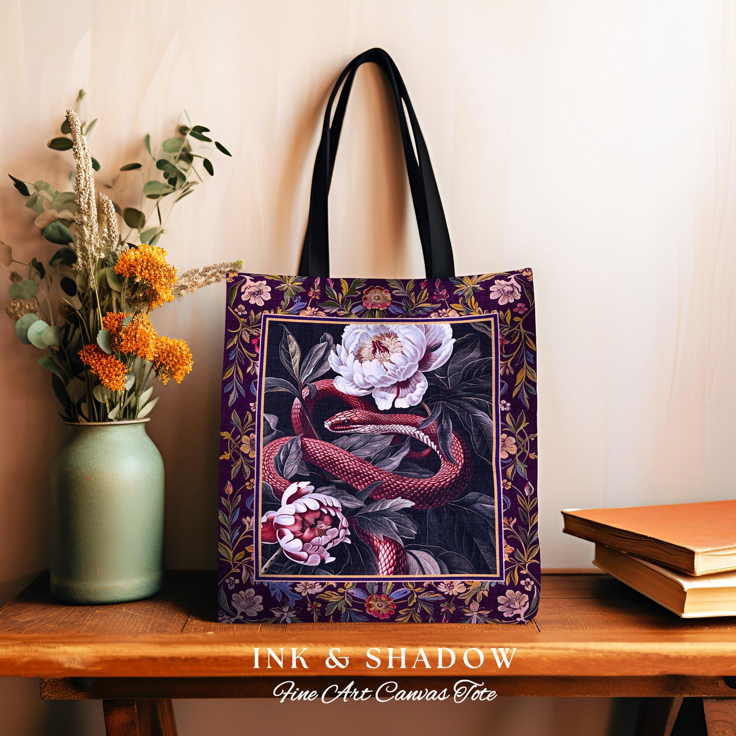 Whimsigothic Dark Floral Serpent Tapestry Tote Enchanted Forest Whimsical Purple Botanical Bag Mystical Witchy Cottagecore Vintage Snake Art