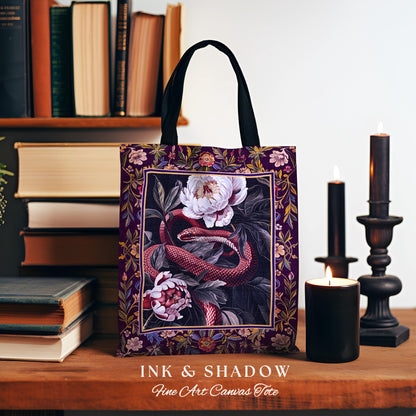 Whimsigothic Dark Floral Serpent Tapestry Tote Enchanted Forest Whimsical Purple Botanical Bag Mystical Witchy Cottagecore Vintage Snake Art