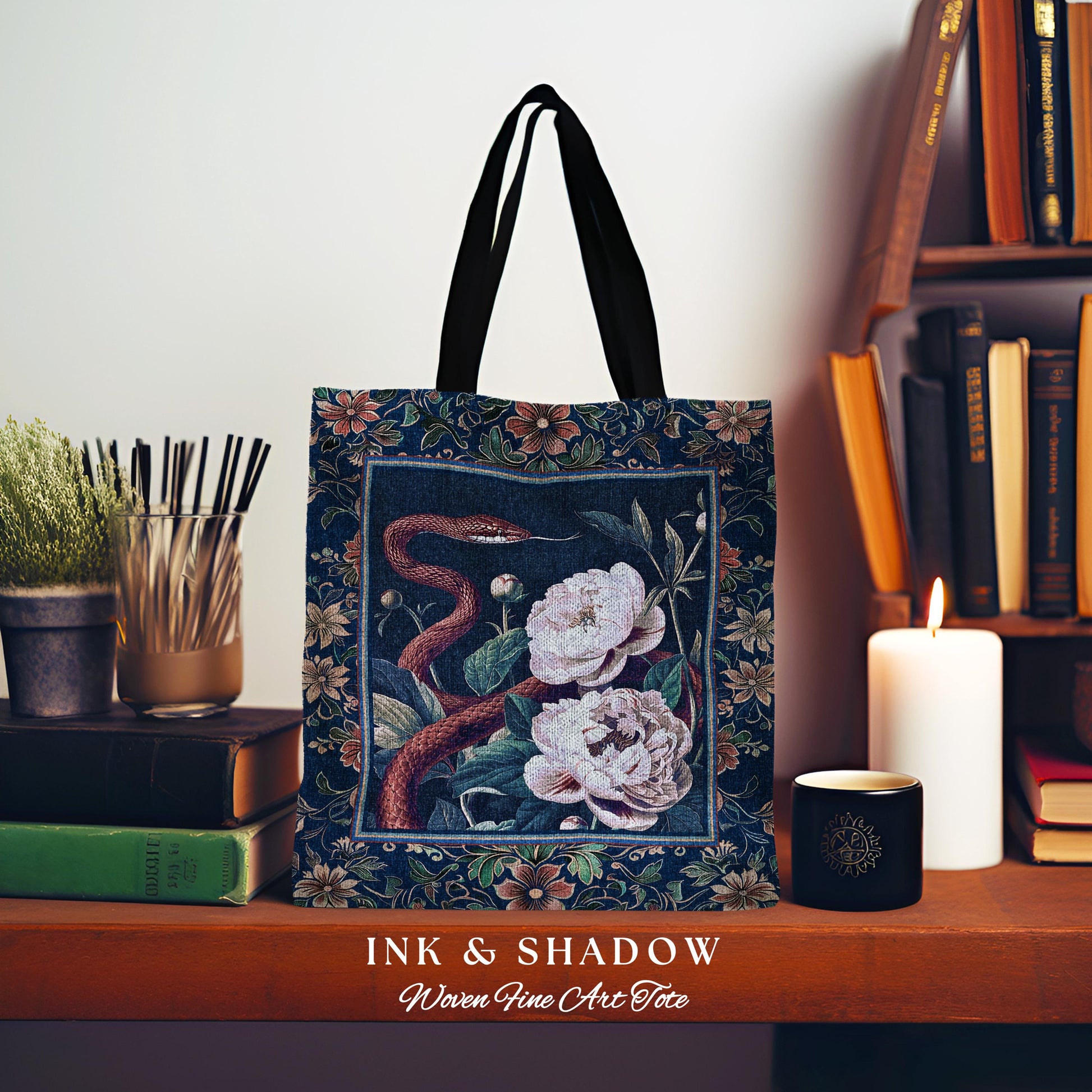 Moody Dark Botanical Serpent Enchanted Floral Tapestry Tote Exotic Gothic Bag | Ethereal Woodland Snake Victorian Art Nouveau Accessories