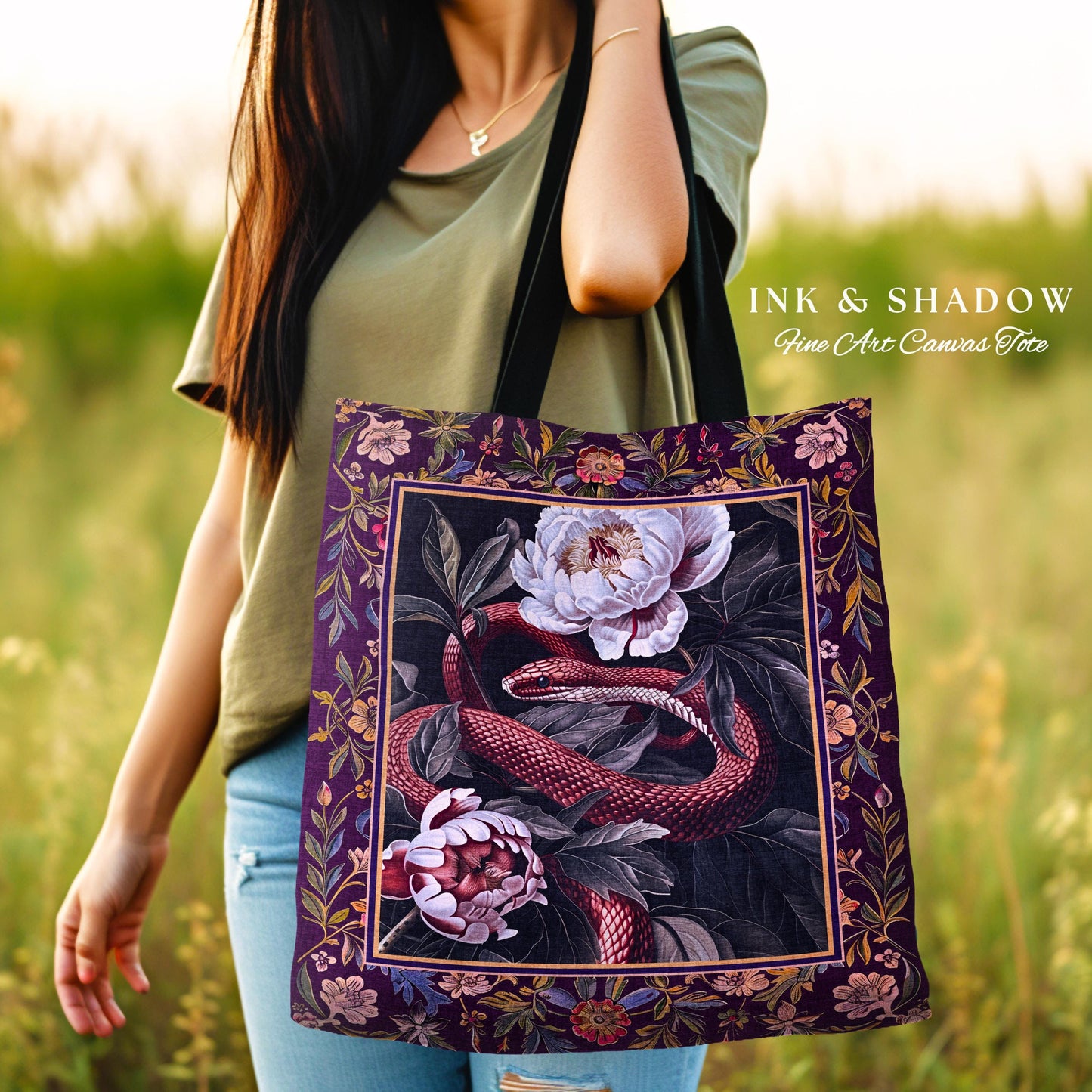 Whimsigothic Dark Floral Serpent Tapestry Tote Enchanted Forest Whimsical Purple Botanical Bag Mystical Witchy Cottagecore Vintage Snake Art