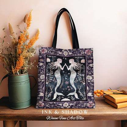 Retro Art Deco Mermaid Tote Whimsical Coastal Cottagecore Vintage Floral Enchanted Purple Underwater Fantasy Sea Shell Tapestry Bag Boho |