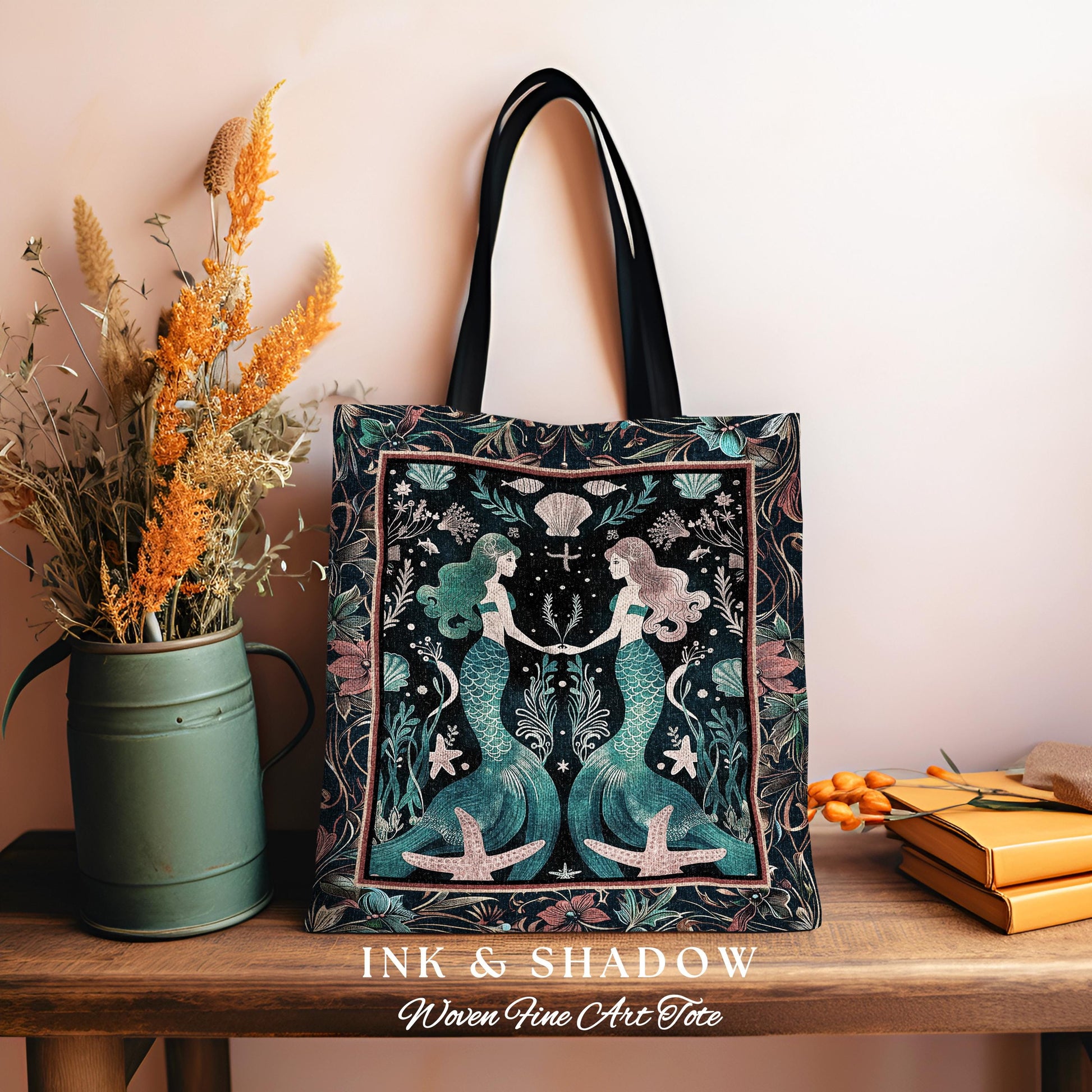 Ethereal Art Nouveau Sea Nymph Tapestry Tote Whimsical Dark Academia Coastal Bag Mystical Mermaid Cottagecore Enchanted Ocean Folklore Boho