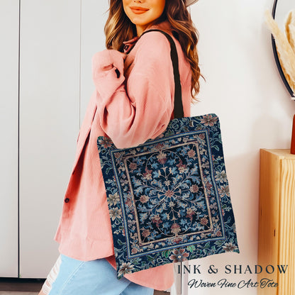 Baroque Medieval Florals Tote Bag | Renaissance Themed Woven Tapestry Bag Victorian Gothic Elegant Botanical Pattern Dark Academia Romantic