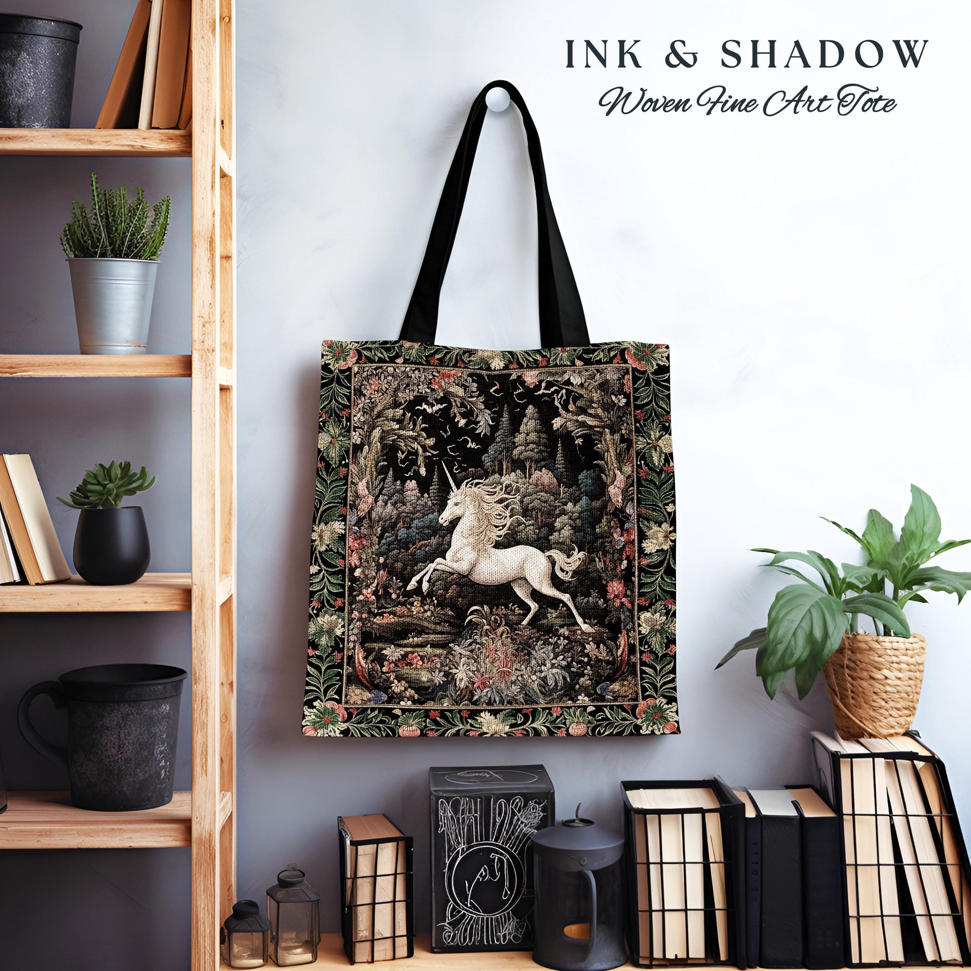 Whimsical Folklore Unicorn Tote Mystical Botanical Cottagecore Accessory, Morris Style Fairycore Art Princesscore Style Woven Tapestry Bag