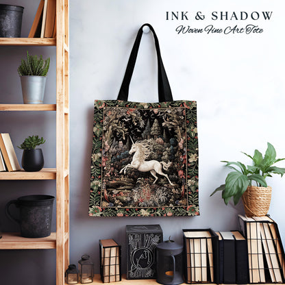 Whimsical Folklore Unicorn Tote Mystical Botanical Cottagecore Accessory, Morris Style Fairycore Art Princesscore Style Woven Tapestry Bag