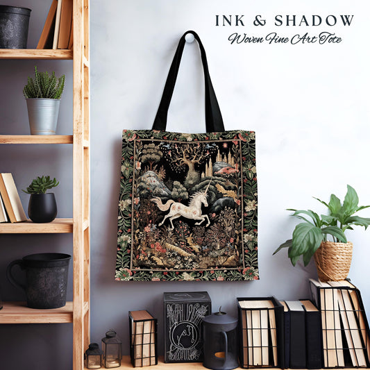 Fairytale Unicorn Tapestry Tote Mystical Folklore Aesthetic Whimsical Forestcore Accessory, Fairycore Cottagecore Magic Woodland Woven Bag