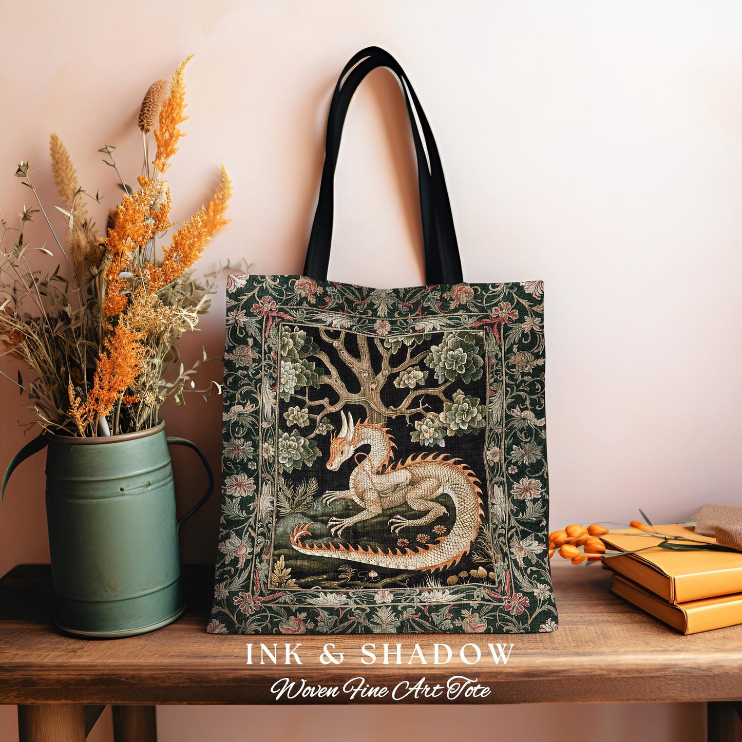 Medieval Dragon Tote Enchanted Forest Fantasy Art Accessory, Victorian Gothic Cottagecore Tapestry Bag Whimsical Mythical Woodland Accent