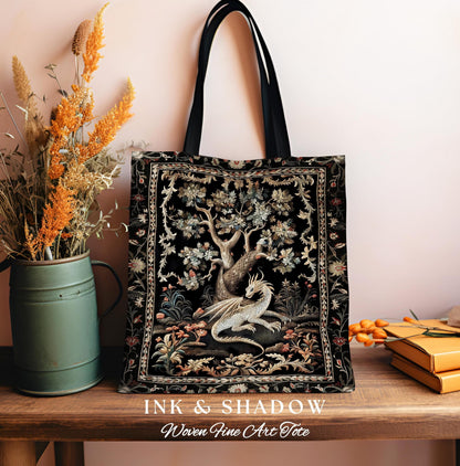 Fantasy Inspired Dragon Tote Dark Academia Book Nook Bag | Gothic Maximalist Aesthetic Fairytale Magical Forestcore Tapestry Woven Accessory