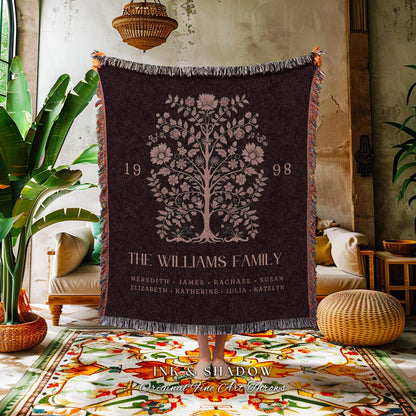 Custom Names Family Tree Woven Blanket | Sentimental Keepsake Meaningful Family Heirloom Personalized Appreciation Gift Big Family Tree Boho