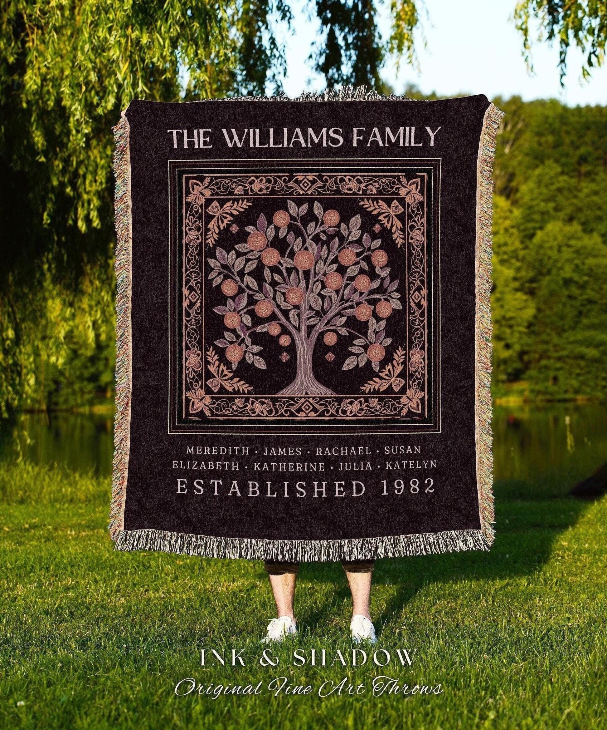 Rustic Family Heirloom Woven Blanket | Dark Academia Tapestry Sentimental Keepsake Meaningful Personalized Appreciation Gift Big Family Tree