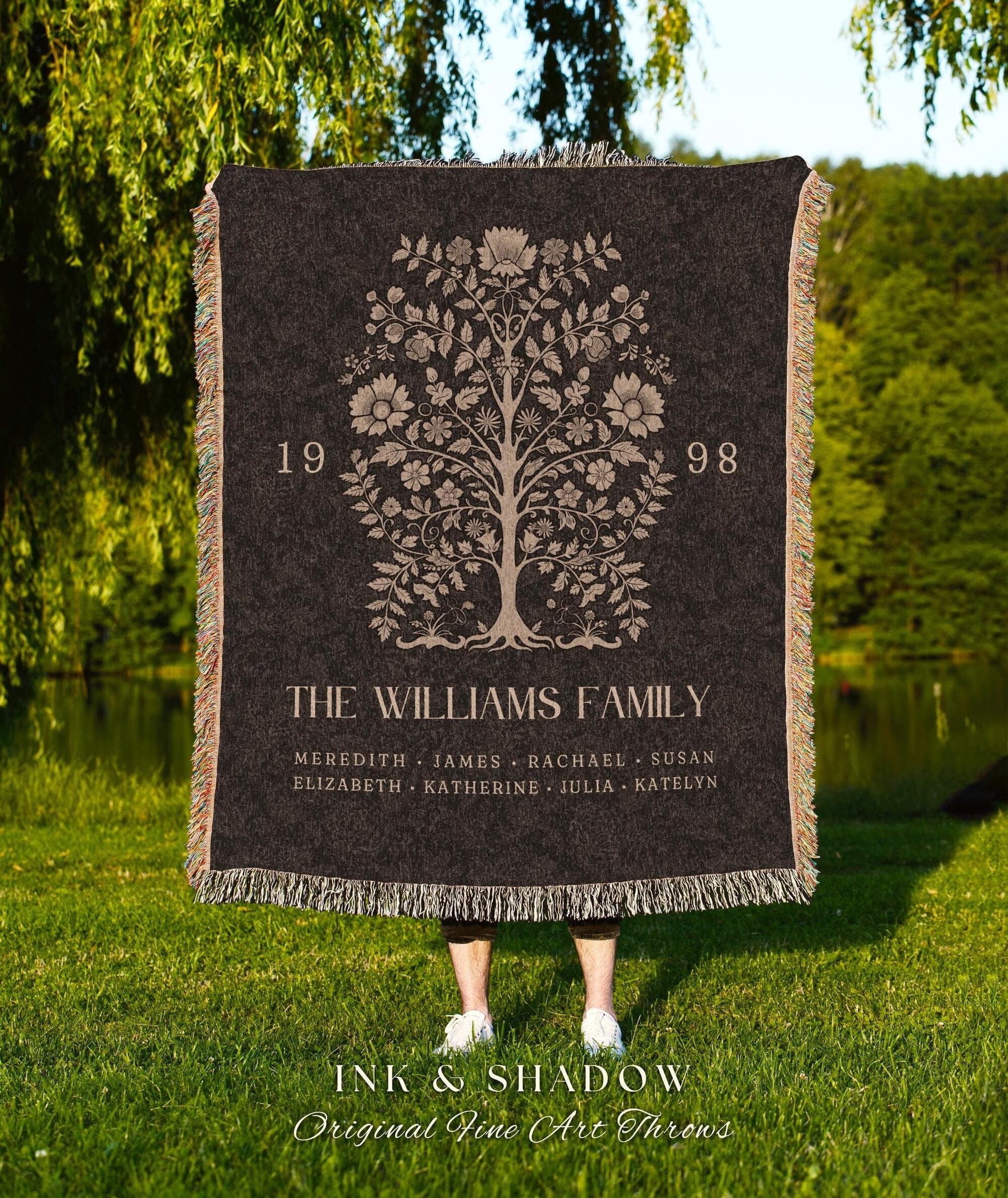 Boho Minimalist Family Tree Woven Blanket | Personalized Family Names Tapestry Meaningful Ancestry Keepsake Sentimental Gift Family Memories