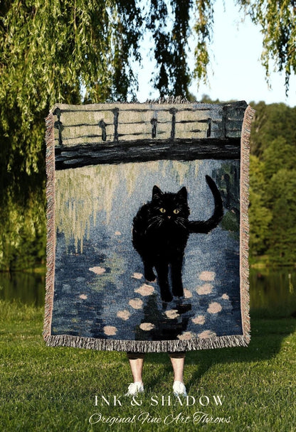 Black Cat Blanket Woven Tapestry Vintage Art Claude Monet Bridge Over a Pond of Water Lilies | Black Cat Blanket Monet Art History Gift |