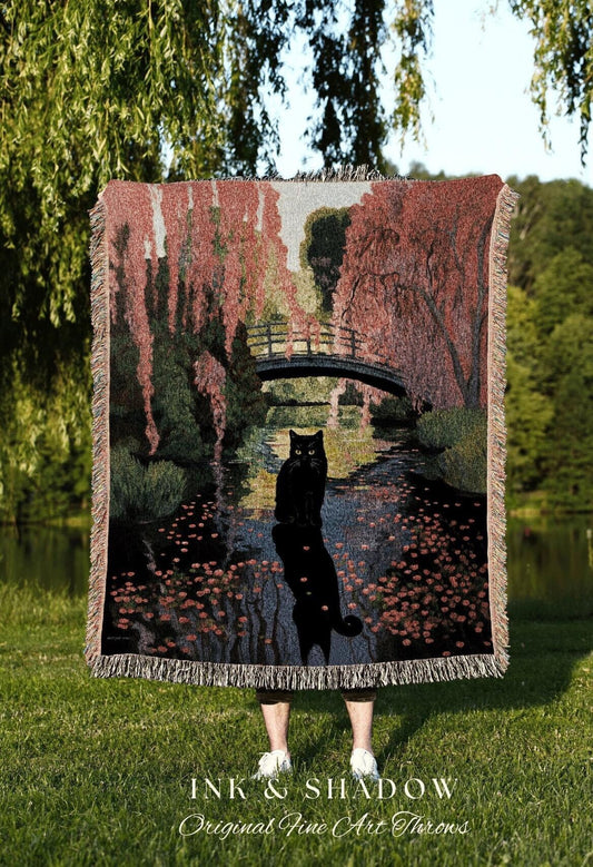 Moody Wall Decor Woven Tapestry Blanket Vintage Art Claude Monet Bridge Over a Pond of Water Lilies | Black Cat Blanket Monet Inspired Decor