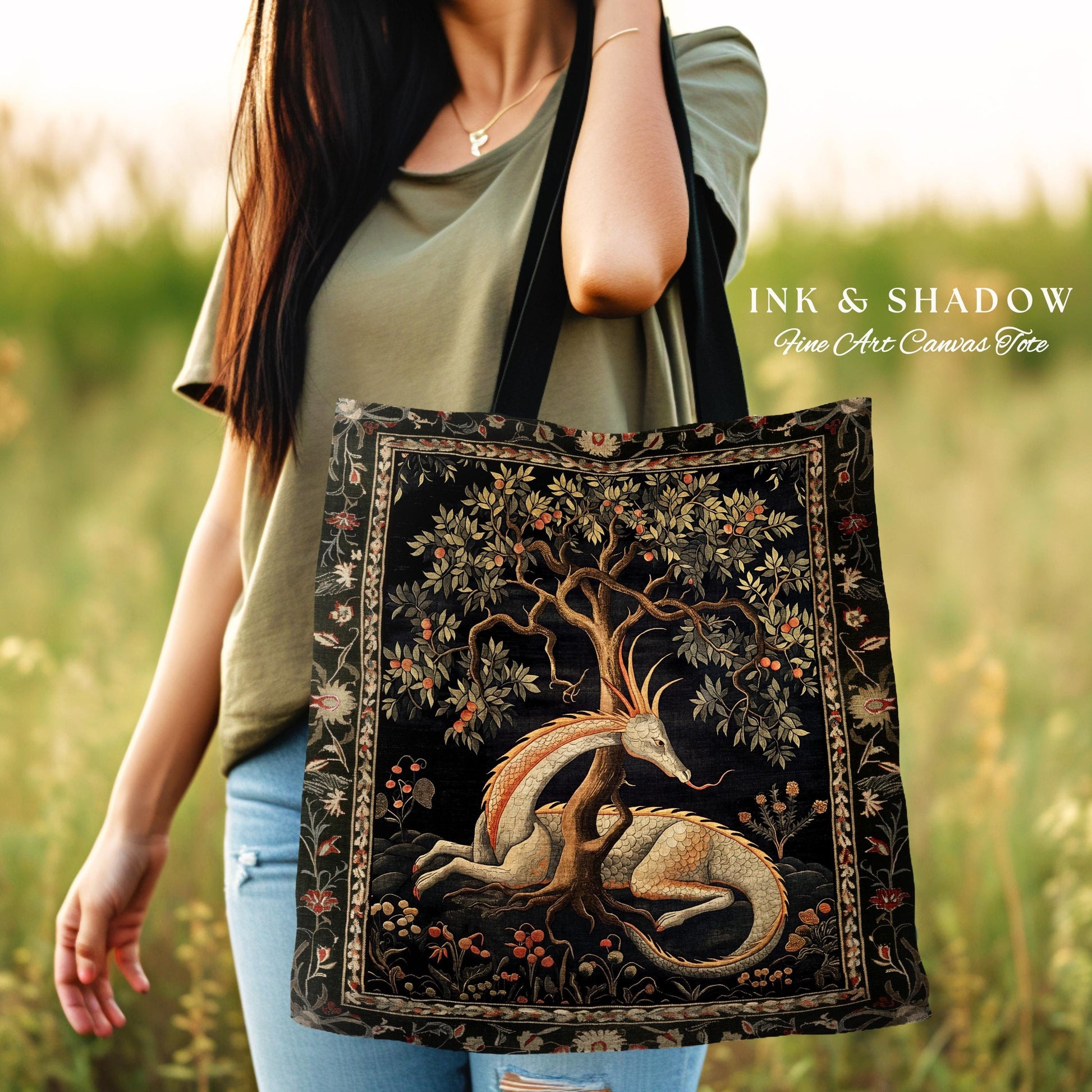 Folklore Dragon Tote Mystical Medieval Style Cottagecore Accessory, Botanical Fairytale Forest Gothic Woodland Fairycore Woven Tapestry Bag