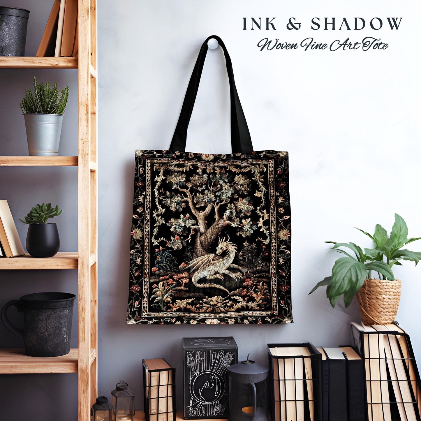 Fantasy Inspired Dragon Tote Dark Academia Book Nook Bag | Gothic Maximalist Aesthetic Fairytale Magical Forestcore Tapestry Woven Accessory