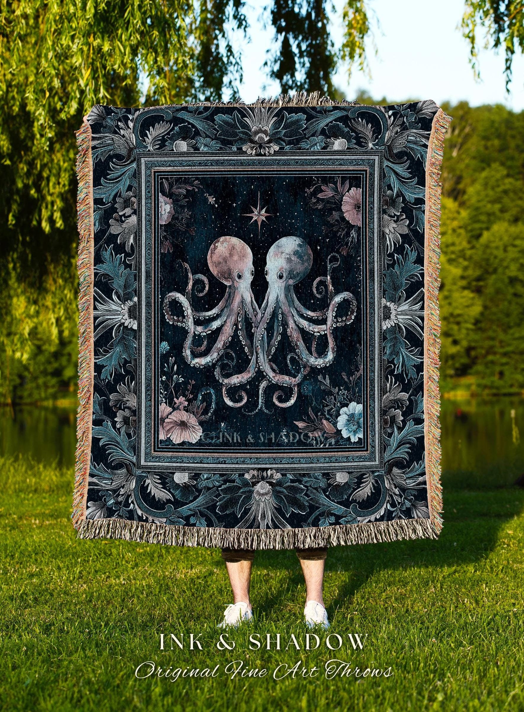 Ocean Blue Octopus Woven Tapestry | Rustic Nautical Sea Life Woven Throw Blanket Floral Victorian Gothic Aesthetic Costal Crustaceancore Art