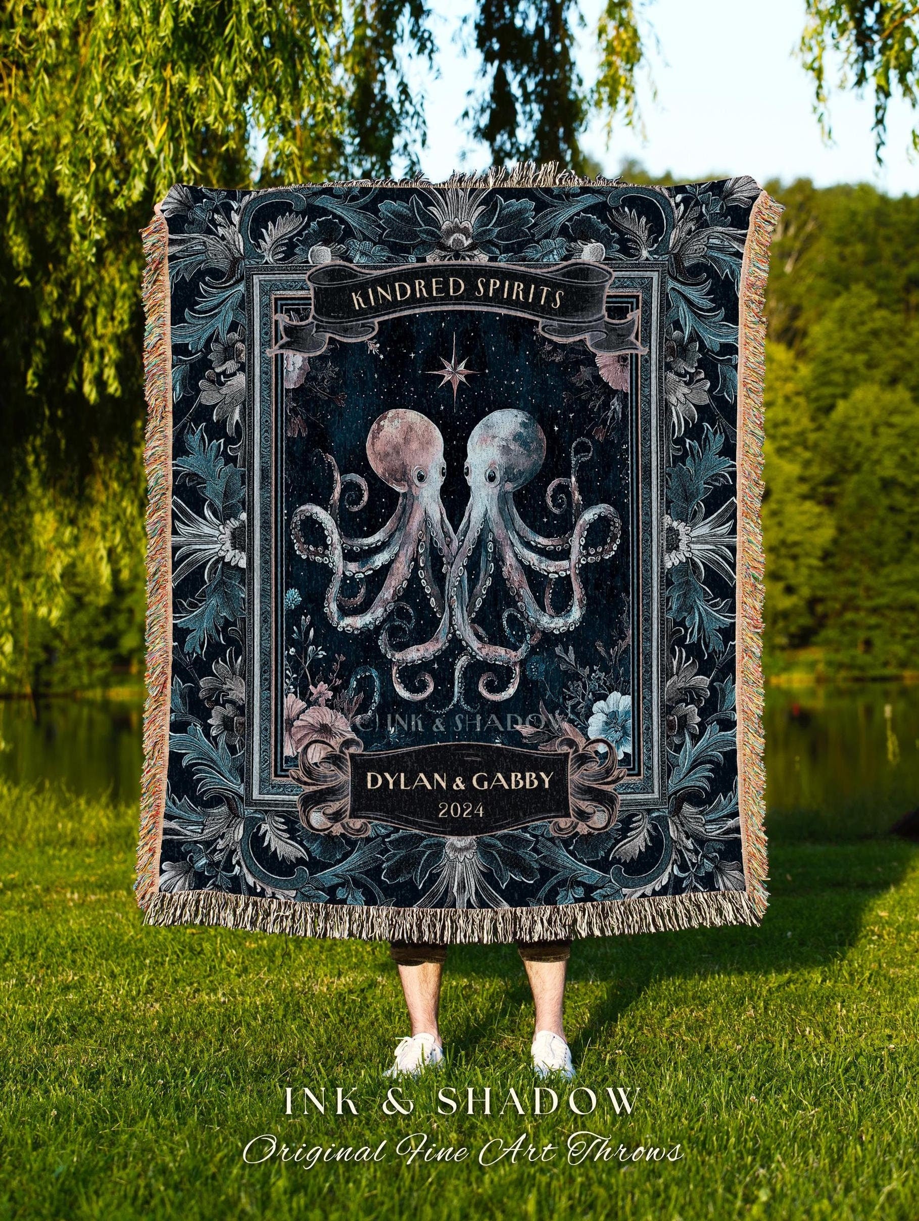 Ethereal Marine Life Octopus Couple Blanket | Personalized Names Woven Tapestry Celestial Aesthetic Underwater Theme Wedding Anniversary |