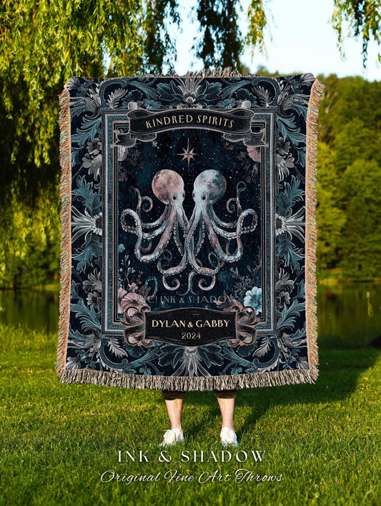 Ethereal Marine Life Octopus Couple Blanket | Personalized Names Woven Tapestry Celestial Aesthetic Underwater Theme Wedding Anniversary |