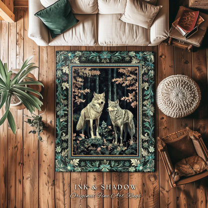 Deep Woods Moody Wolf Rug | Forestcore Botanical Gothic Area Rug Dark Academia Style Fairytale Bedroom Victorian Dark Maximalist Woodland |