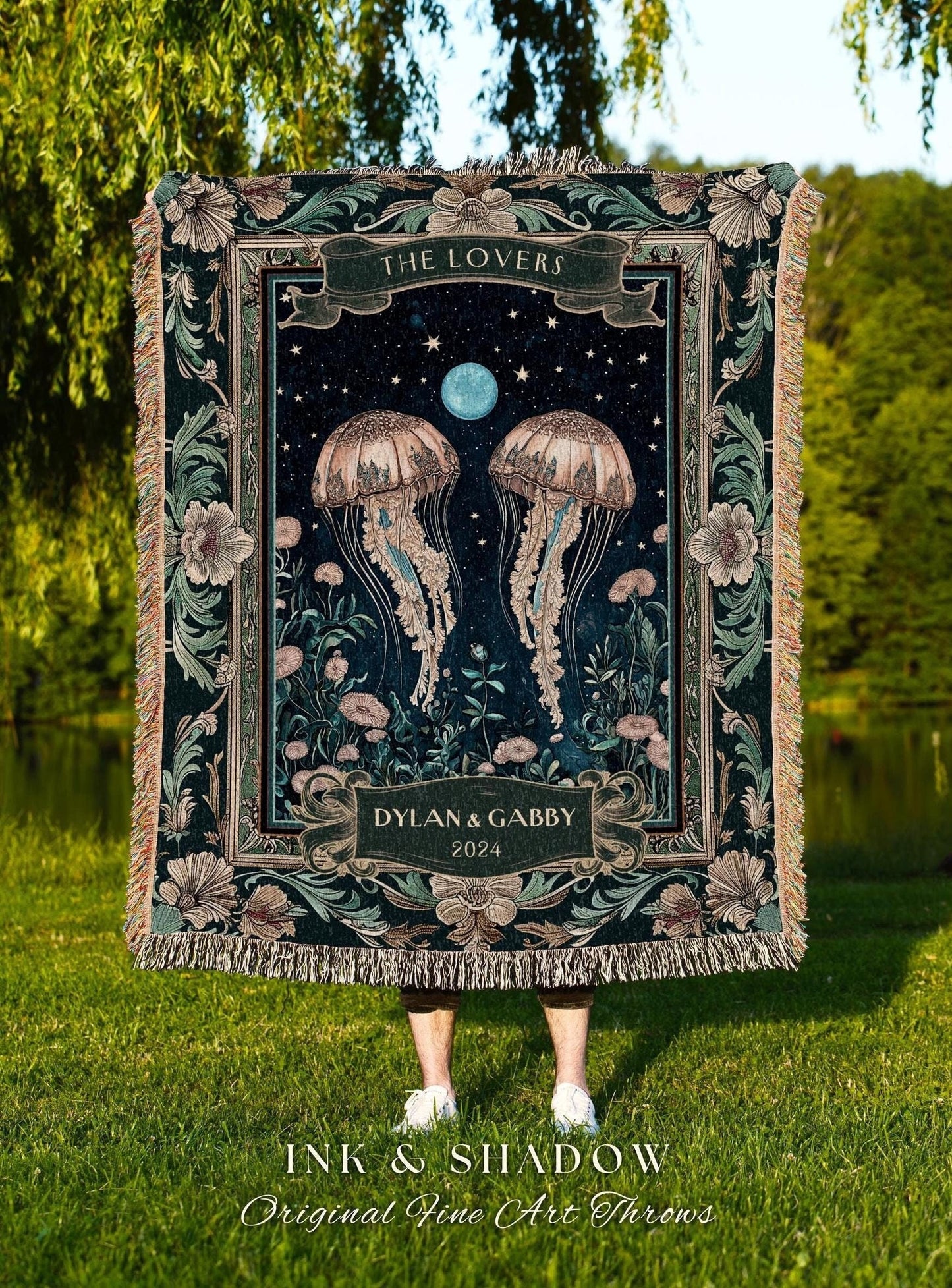 Jellyfish Lovers Personalized Couple | Celestial Magic Woven Tapestry Wedding Keepsake Valentine Romantic Custom Names Sentimental Gift |